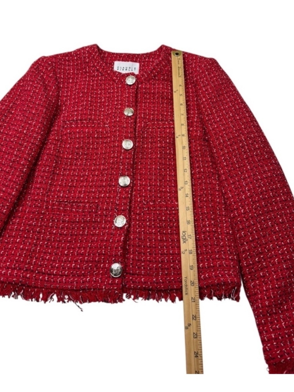Claudie Pierlot Paris Red Tweed Boucle Fringe Jacket Blazer Size 8 NWT - Picture 7 of 15